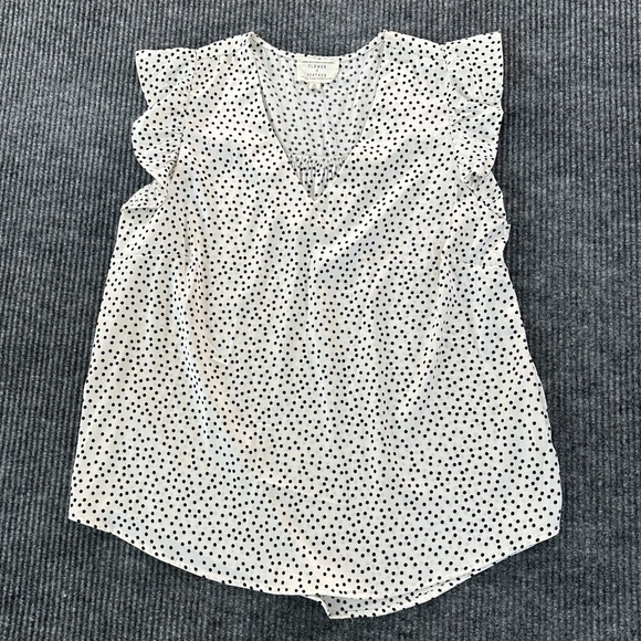 Flower & Feather Tops - Flower & Feather Polka Dot Ruffle Shoulder Blouse Top Size M White Black V-Neck